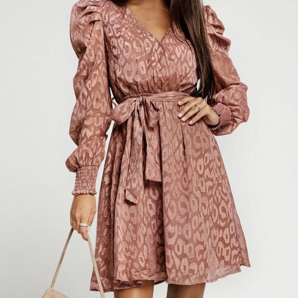 Jacquard Animal Print Faux Wrap Dress - Picture 2 of 6
